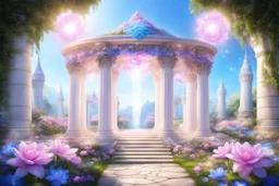 tempio magico in stile ferico con natura e fiori rosa e azzurri e cristalli e gemme in giardino con due colonne di luce e cielo aperto luminoso