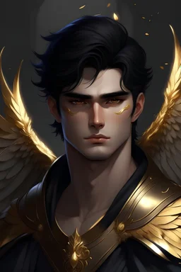 Handsome fallen angel with black hair and blue eyes, wearing a golden crown