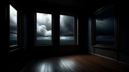 A window with a view of cloudy sky, a dark room with wooden floor