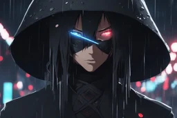 Itachi Uchiha in 8k nier automata artstyle, Uchiha Custom, neon effect, close picture, rain, fantasy world, intricate details, highly detailed, high details, detailed portrait, masterpiece,ultra detailed, ultra quality