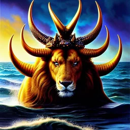 portrait oil on canvas,'And I stood upon the sand of the sea, and saw a beast rise up out of the sea, having seven heads and ten horns, and upon his horns ten crowns, and upon his heads the name of blasphemy',comic book cover, mystical colors,insanely detailed,realistic,intrincate detail, 16k resolution, masterpiece,Simon Bisley,Frank Frazetta,Alex Horley,ARTHUR ADAMS