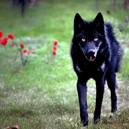 Black wolf, red in ears, red on snout