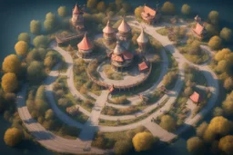 Theme park in the style of Slavic old fairy tales, roads, bird's-eye view