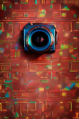 futuristic pinhole camera in Kente, rusted clocks lens, cinematic, scaffolding, african pattern symbols, engraved, 8k quality