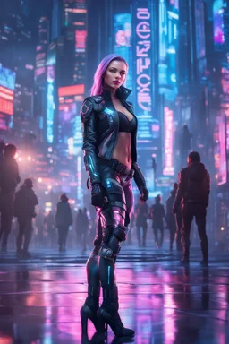 Full body portrait realistic cyber Russian girl half dressed appealing, nightlife costume, she is looking at her holographic watch, futuristic uplifting mood and motivation theme, science fiction, spectacular landscape spring season in cyberpunk city, incredibly beautiful in the cyber-city street, stunning intricate meticulously detailed dramatic digital illustration volumetric lighting, 200 megapixels 8K resolution, back-lit soft lights, photo-realistic arts, realistic photography, neon colo