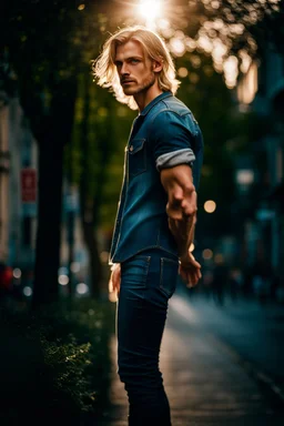 Beautiful man, beautiful face, blond hair, that is standing on a sidewalk, wearing jeans, trending on unsplash, viennese actionism, anamorphic lens flare, dynamic pose, shallow depth of field, dreamlike, nature-inspired, romantic, whimsical, fantasy art,dreamy