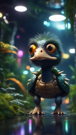 Space ostrich turtle dragon with friendly cute face and hair like a rocker, in dark lit reflective wet jungle metallic hall dome hotel tunnel, in the style of a game,bokeh like f/0.8, tilt-shift lens 8k, high detail, smooth render, down-light, unreal engine, prize winning