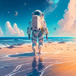 An astronaut walking on the beach of a beautiful sea, digital art, anime style, 4k, full details, high resolution