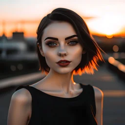 cute white girl, jawline, almond eyes, soft arch eyebrows, big lips, black short hair, black mini dress, wite sneakers, sunset at city center, fullnody photo, HD