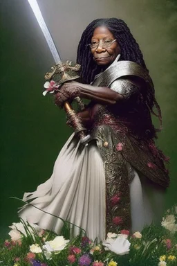 [Whoopi Goldberg] Without a moment's hesitation, Agatha, wielding her sword adorned with carved flowers, seized the opportunity. With a swift and precise movement, she struck beneath the tyrant's shoulder, piercing through his defenses and driving him to his knees.