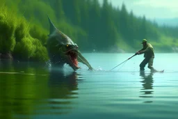 A man is attacked by a mutated monster in sea while he is fishing, cartoon style Simon Stålenhag