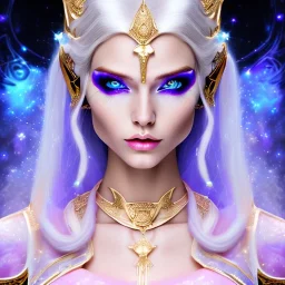 cosmic mage, elf, female, battle mage, epic, cosmic magic, long ears, white hair, face details, pale skin, detailed eyes, jewellery, broad shoulders, glowing eyes, sharp ears, cosmic clothes, bright eyes, cosmic eyes, ears between hair