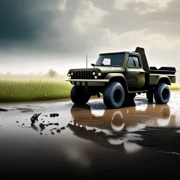 hyperrealistic shot, muddy military toy truck, monotone color palette, sharp focus, puddle reflection, tire water splash, refraction, mist on the horizon, shadowcast, detailed and intricate, cinematic composition, micro, tilt shift photography