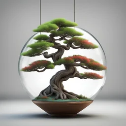 3D, A bonsai tree with realistic colors inside a glass ball hanging from a tree branch