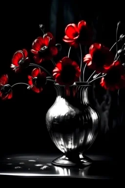 dead red flowers in a chrome vase cinematic dramatic hd hig hlights detailled real wide and depth atmosphere