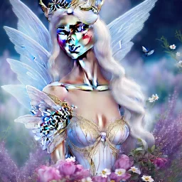 Fantasy cute fairy with wings, smiling, make up, long blond platinum hair, blue eyes, crown, beautiful dress, flowers in background, HQ