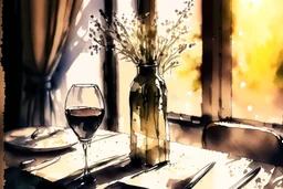 A table in a nice restaurant next to the window, meal, wine and flower on it, melting watercolor and black ink outlines on wet paper, soft, shading strokes, in sunshine, ethereal, otherwordly, cinematic postprocessing, bokeh, dof