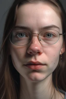 Mujer de 18 años frente inmensa con piel muy grasa, granos en la cara y lentes inmensos 👓