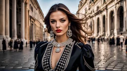 Beautiful model female fashion vogue style, portraits with dresses Gucci, Balenciaga, Chanel, background Rome via Nazionale, via Condotti, Piazza di Spagna, Dramatic ambience, wearing shining Diamond Jewelry, in sharp focus, post – processing, perfect composition, global illumination, Canon EF 16 – 35mm f/ 2. 8L III USM Lens on a Canon EOS 5D Mark IV camera, Cinematic lighting, Dramatic lighting, sharp focus, photorealistic, Ultimate Luxury, romantic mood, expressions, 4k, 8k, 16k, full ultra hd