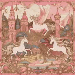 A pink magical realm filled with winged unicorns designed in Medieval tapestry