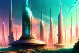 Produce a digital painting of a mosque that appears to levitate above a futuristic city skyline, surrounded by holographic minarets and high-tech architectural features