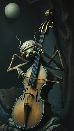 Hieronymus Bosch style nightmares ,a spider insect playing the cello