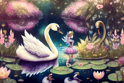 beautiful swan and cute chibi princess in a flowergarden with beautiful flowers, pond, in sunshine, H.R. Giger, anime, steampunk, surreal, watercolor and black in outlines, golden glitter, ethereal, cinematic postprocessing, bokeh, dof