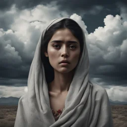 Hyper Realistic Sad young-Pushto-women with cloudy sky & dramatic ambiance