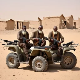make a picture of 3 poor looking black men in a desert. they are in afghanistan. behind them is a raided village they are holding rifles. they look very very dangerous and have long white beards. they have ak47 rifles. They are sitting on a quad