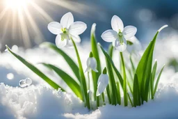 Beautiful Snowdrop flowers on the winter snow andsnow flakes , sun ray on, Miki Asai Macro photography, entire but close-up, hyper detailed, trending on artstation, sharp focus, studio photo, intricate details, highly detailed,