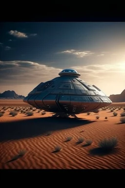 cinematic photo of a stunning spaceship landed in the desert