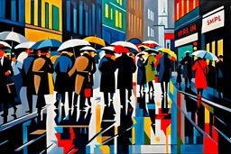 hustle and bustle in rain in Berlin 1925; impasto painting in Bauhaus style, cinematic, dramatic, dynamic, ((great verticals)), ((great parallels)), amazing reflections, excellent shadows, perfect translucency, sharp shadows, (wild contrasts), (vivid bold colors)