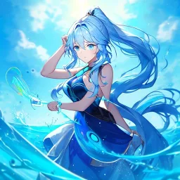 girl, masterpiece, best quality, volumetric lighting, dynamic pose, detailed outfit, perfect eyes, light blue hair, blue eyes, messy hair, long hair, hair in between the eyes, water magic, ponytail,