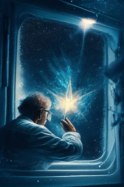 doctor cutting glasses off patient , with background star field seen in the window of a boat, 4 k, trending art, depth of field