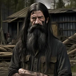 The large and furious black haired lumberyard owner "Big K" grimdark realistic apocalypse survivor