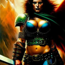 portrait oil on canvas, beautiful punk busty female Barbarian Warrior,green eyes, ,minimal armor,comic book cover, mystical colors,insanely detailed,realistic,intrincate detail, 16k resolution, masterpiece,Frank Frazetta,Alex Horley, Simon Bisley