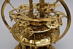 Art Nouveau steampunk orrery, with clockfaces, cogs, springs, polished brass