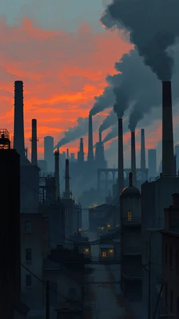 a painting of Gotham's Industrial District: A gritty, industrial area with towering smokestacks and abandoned factories. The scene is set at dusk, with the sky tinged orange from the setting sun and the air thick with smoke, Gotham city :: dark night, gothic architecture, noir film ambiance, modern days, autumn :: a storybook illustration by James Gilleard, accurate details, behance contest winner, 2d game art, storybook illustration, rich color palette