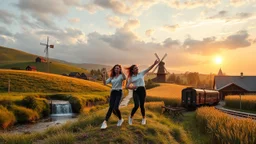 a group of young ladies in sports pants and blouse are dancing to camera in village over high grassy hills,a small fall and river and wild flowers at river sides, trees houses ,next to Ripe wheat ready for harvest farm,windmill ,a pretty train is arriving to station,cloudy sun set sky