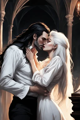 Strahd Von Zarovich being kissed by a beautiful woman with white hair, wearing an off the shoulder dress. Settling and background are a lavish toomb with an ebony coffin. Remove his beard.