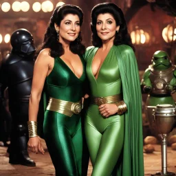 [two women safe kiss] youthful Marina Sirtis as Deanna Troy in a different tones of green velvet suit with a short cape, she is hugging youthful Princess Leia in her iconic Jabba's two pieces swimsuit, they are in the cantina