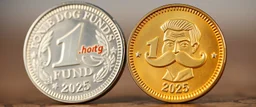 two sides of the coin with an emblem of "1hot.dog Funds" with the year 2025, and the Canadian Lonnie Bigalow mustache man