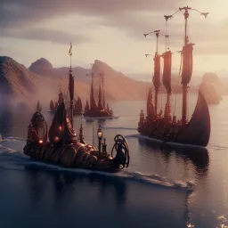 fleet of steampunk viking ships, 4k, highly detailed, cinematic, ultra photorealistic, ultra realistic, volumetric lighting