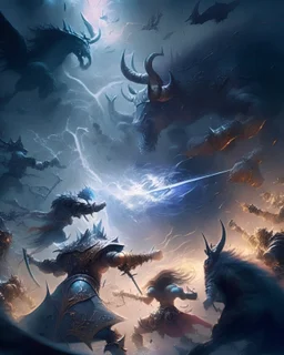 An intense, dramatic battle scene, with powerful warriors and mythical creatures clashing in a maelstrom of magic and steel.