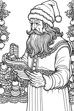 Christmas coloring page of Santa Claus a coloring page with Santa checking his list and writing down who's been naughty or nice. a bold ink line sketch drawing illustration.