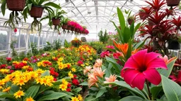 Invernadero lleno de flores tropicales.
