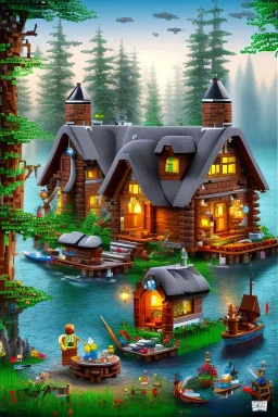 lego cottage in the forest with lake boy girl