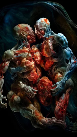 cinematic Rubens style gore photorealistic fleshy quantum vortex dmt lsd photo of 2 conjoined mangled bodies making love, 1 soul vortex, complementary, anatomically fragmented, ripped apart again being flayed, skinned alive. A beating heart, muscles, blood vessels, bowels, entrails are exposed. anatomy. physiology. Bosch and Dali inspired hallucinations. mythology. grotesque.