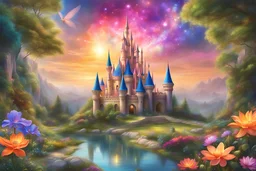 a mesmerizing digital painting, a celestial beautiful fairy garden, faery castle emerges, radiating vibrant luminescent hues against amazing magic cosmos. Its otherworldly form is a bright iridescent colours, that shimmer like precious gems and intricate patterns that seem to dance with life. The image captures every intricate detail of this vivacious picture, showcasing its celestial beauty in stunning high-definition, intricate details 32K