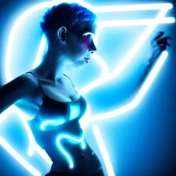 cyberpunk, body, woman, model, rendering, blue hair, electric circuits in backgound, lights, high contrast